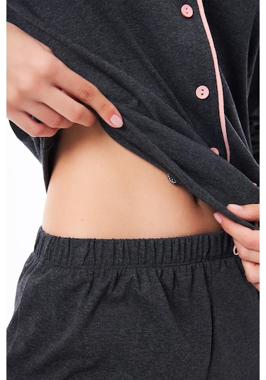 Antrasit Önden Düğmeli Pamuklu Kadın Pijama Takımı Antrasit