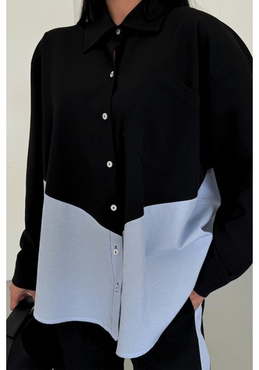 Polyviskon - Poplin Parçalı Gömlek Pantolon Takım - Siyah Siyah