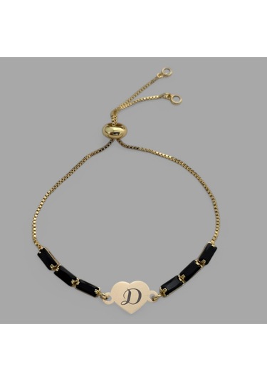 Archin D Harfine Özel 14 Ayar Altın Plakalı Kalp Figürlü Siyah Taş Desenli Hediye Bileklik-351harf D