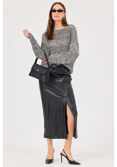 Seçil Kadın Yırtmaçlı Suni Deri Etek 0010 Siyah Siyah