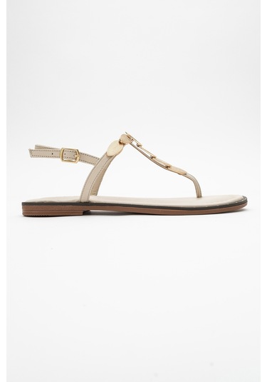 Marea Bej Hakiki Deri Parmak Arası Gold Tokalı Kadın Sandalet Bej