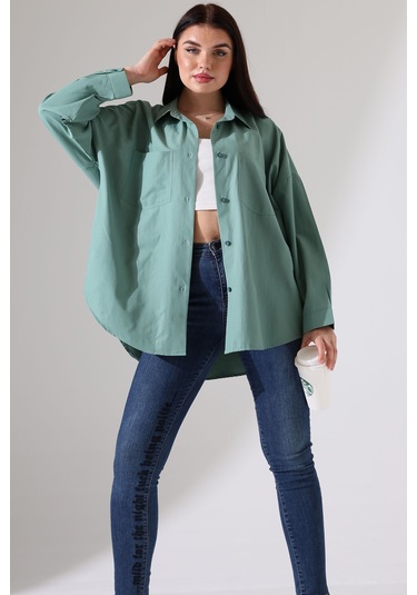 Yeni Sezon Poplin Kumaş Çift Cepli Oversize Pamuklu Kadın Tunik Gömlek Yeşil