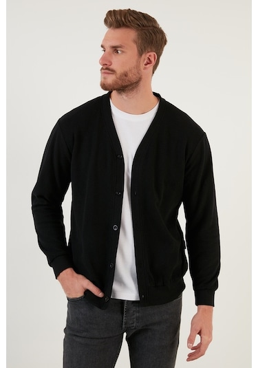 Buratti Pamuklu Regular Fit Düğmeli V Yaka Erkek Hırka 456205 Siyah