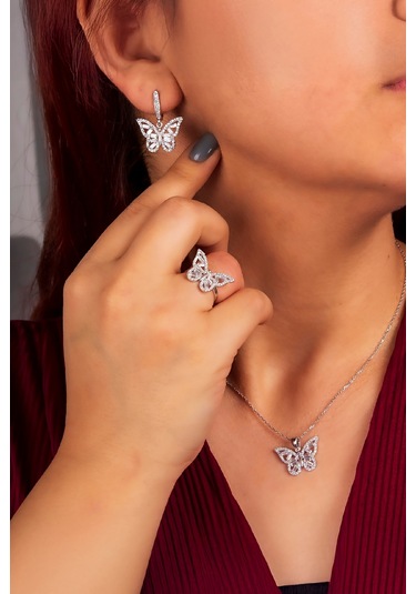 925 Ayar Gümüş Rodyumlu Zirkon Süslemeli Baget Kelebek Bayan Takı Seti