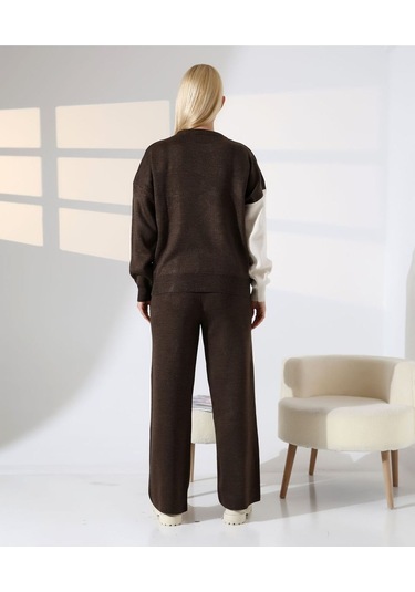Renk Bloklu Triko Takım Kahverengi - Taş