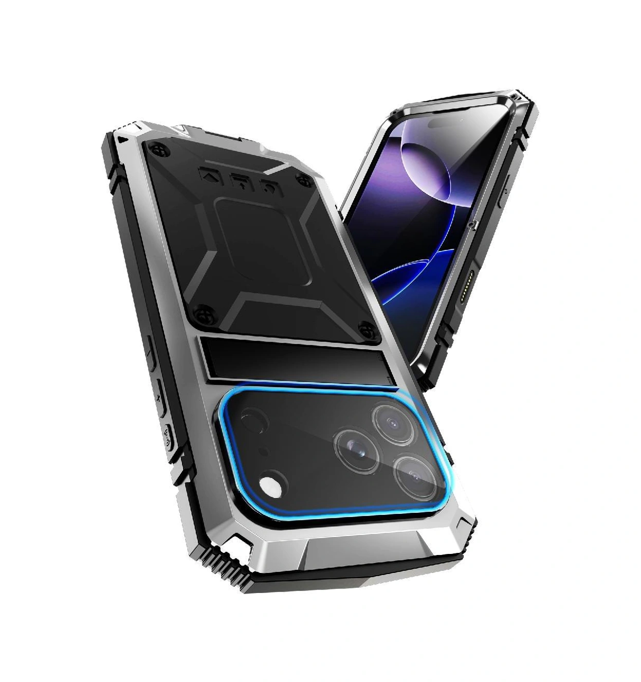 İphone 17 Pro Max İçin Metal Kılıf 360 Tam Koruma Kapak Cam Ekran Koruyucu Darbeye Dayanıklı Ağır Hizmet Kickstand İle