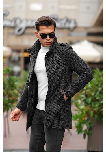 Erkek Dar Kesim Dik Yaka Uzun Koyu Desenli Kaşe Kaban Füme