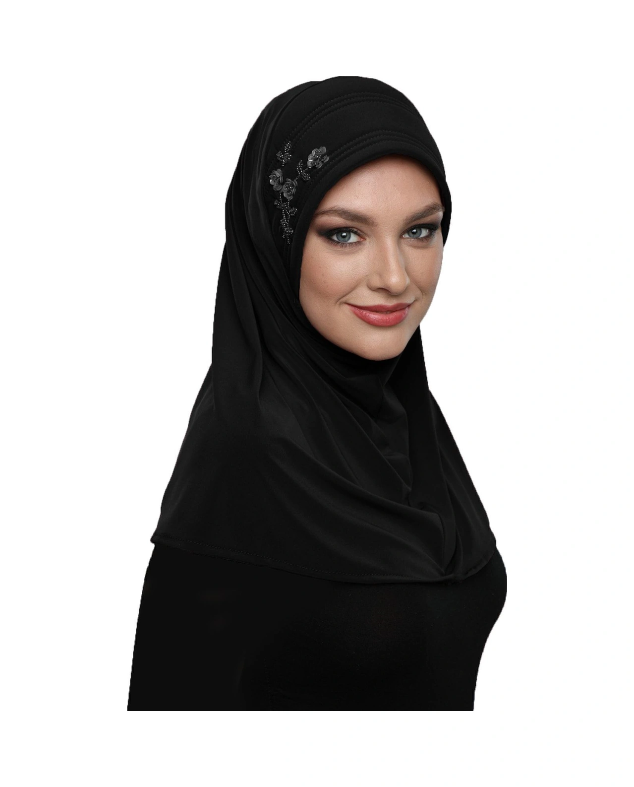 Takmatik Taşlı El Işi Boncuk Işlemeli Siyah Hazır Türban Tesettür Bone Namaz Örtüsü Siyah