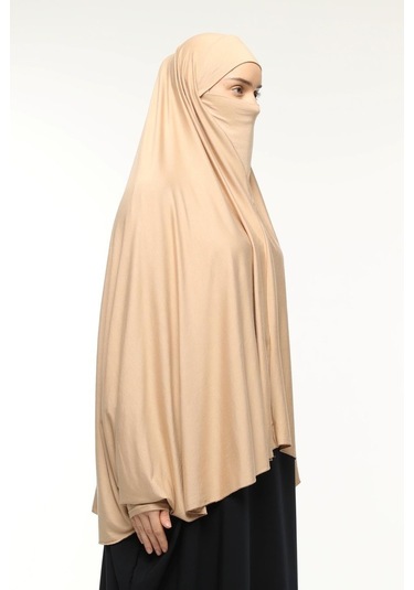 Kollu Sufle Çarşaf Üstü Peçeli Pratik Tesettür Hijab - Nikaplı Namaz Örtüsü Koyu Bej