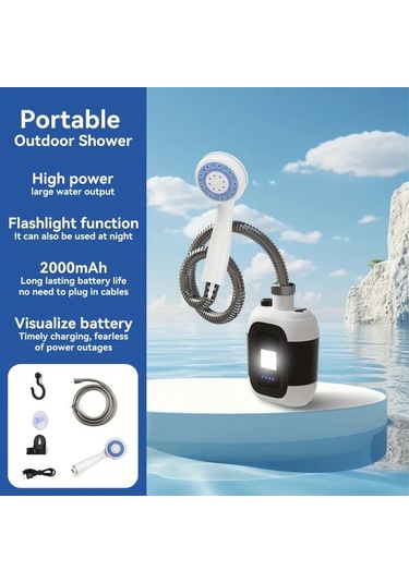 Elmpaly 2000mah Kapasiteli Taşınabilir Kamp Duş Seti 7 Parça Aksesuarlı Filtreli Pompa Bej