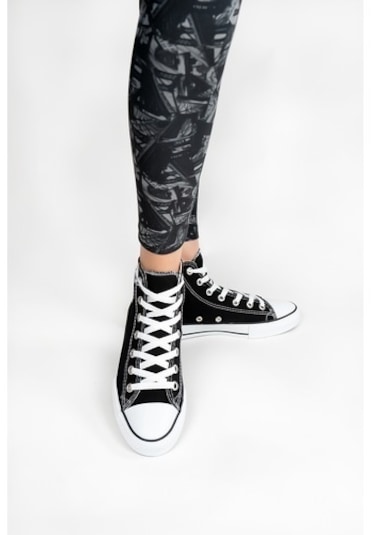 Unisex Bilekli Baskılı Spor Ayakkabı Siyah Beyaz Çok Renkli