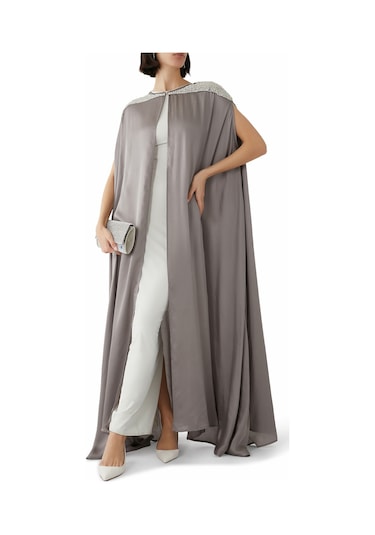 Leem Süslü Omuzlu Kaftan - Şıklığın Adresi Gri