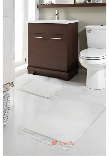 Simirna Ponpon Saçaklı Peluş Yıkanabilir Kaymaz Banyo Paspası 2'li Klozet Takımı Krem Krem