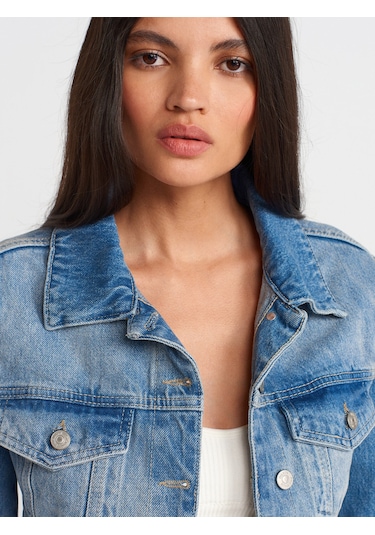 Dilvin 65366 Fleto Cepli Crop Denim Ceket-mavi Mavi