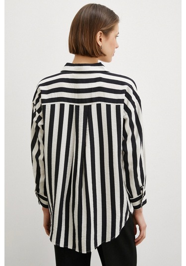 Never More Robalı Çizgili Gömlek Siyah