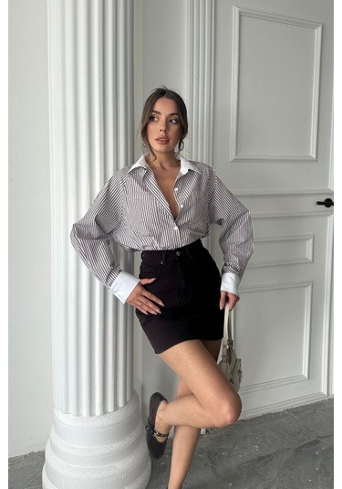 Yaka Ve Manşet Beyazboyfriend Çizgilipoplin Gömlek - Kahverengi Kahverengi