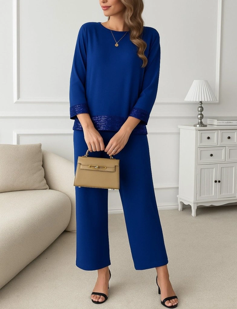 Nova Bazaar Kadın Uzun Kollu Bisiklet Yaka Pulpayetli Viskon Iki Iplik Bluz Ve Pantolon Ikili Takım Lacivert