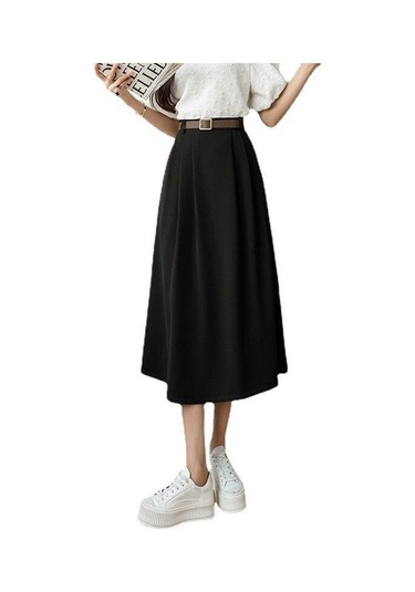 Qooth Bahar Kadın Yüksek Bel A-line Sashes Etek 2022 Yeni Stil Zarif Orta Uzunlukta Uzun Ofis Bayan Düz Etek Haki