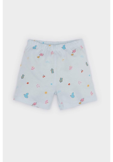 DeFacto Kız Bebek Pijama Takımı Desenli Kısa Kollu Penye Üst Beli Lastikli Şort E9603A525SMBE61 Mavi