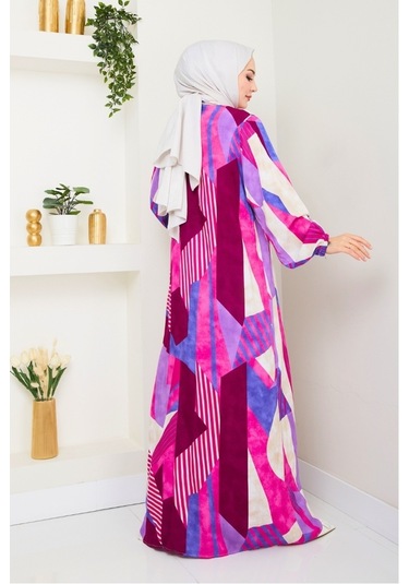 Milaz Boydan Düğmeli Dokuma Viskon Elbise 1501 - Fuşya Fuşya