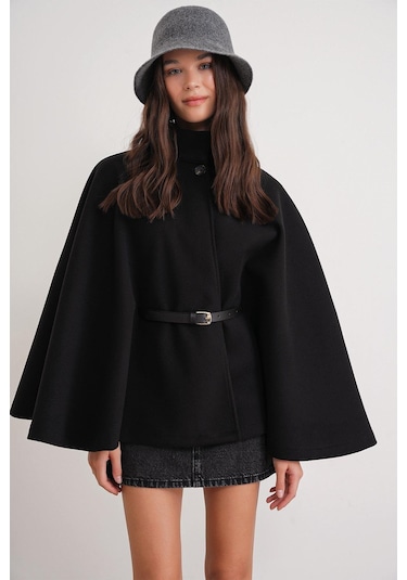 4768 Kadın Kemerli Panço Premium Kaşe Ceket Siyah Siyah