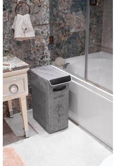 Flosoft Deri Detaylı Kapaklı Keçe Çamaşır Sepeti, Çok Amaçlı Çamaşır Oyuncak Saklama Kutusu Gri