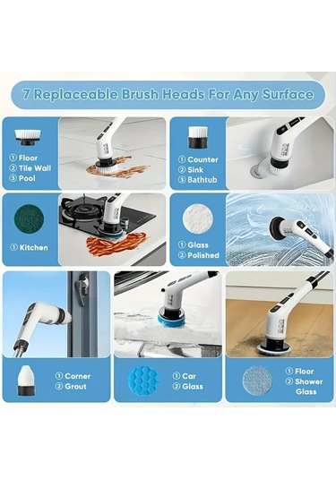Xuweiwei Şarj Edilebilir 9in1 Elektrikli Temizleyici 9 Değiştirilebilir Fırça Başlı Uzatılabilir Ve Çıkarılabilir Sap Zemin Banyo Fayans Duş Temizliği
