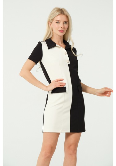 Polo Yaka Mini Elbise Siyah Beyaz