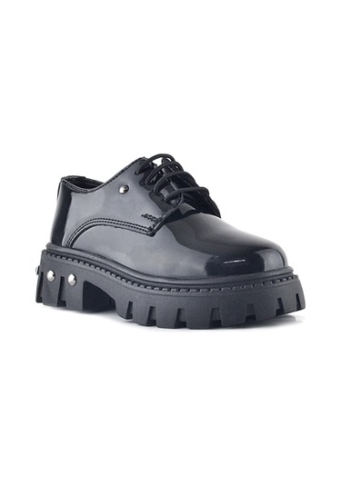 Rakerplus Siyah Rugan Bağcıklı Metal Detaylı Kız Çocuk Oxford Günlük Ayakkabı Siyah
