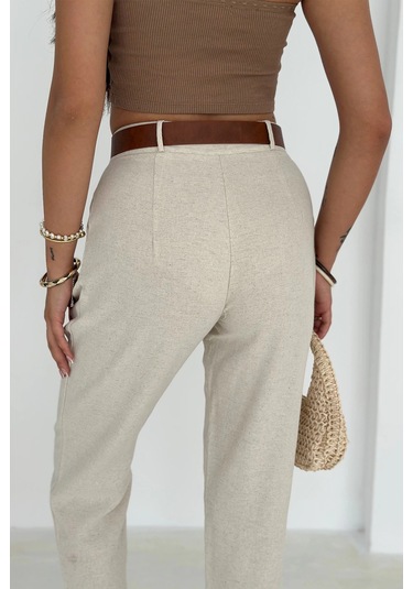 Kemer Detaylı Keten Pantolon Krem Krem