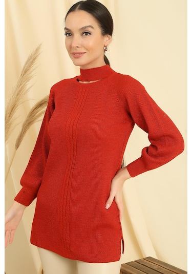 Boyun Dekolteli Saç Örgülü Desen Büyük Beden Spor Tunik Kazak-35198 - Mercan