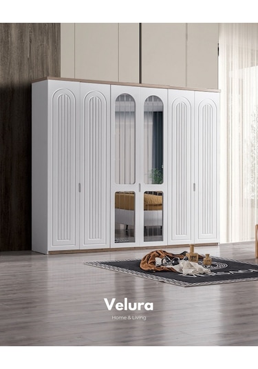 Boerno 6 Kapaklı Aynalı Gardırop Dolap Beyaz - Ceviz