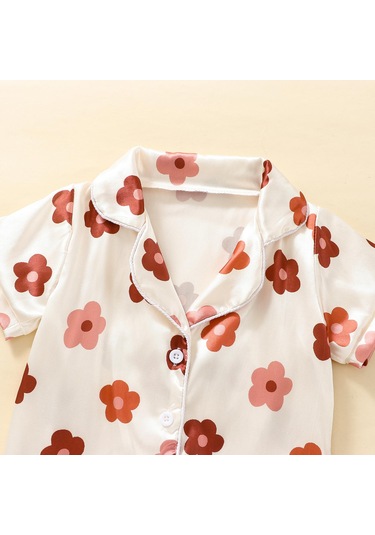 Çocuk Kız Yaz Giysileri Kıyafetler Çiçek Baskı Turn-aşağı Yaka Kısa Kollu Üstler Ve Elastik Bel Şort 2 Adet Takım Elbise Kayısı