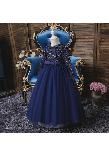 Mashotrend Lacivert Zara Payetli Çocuk Abiye - Kız Çocuk Elbise Lacivert