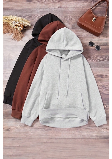 Unisex Düz 3' Lü Baskısız Kapüşonlu Oversize Sweatshirt Siyah