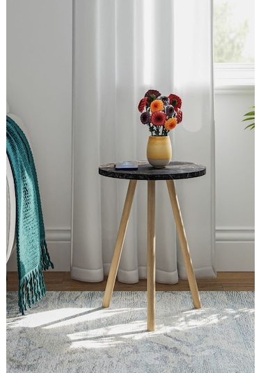 İntergo Yuvarlak Ahşap Ayaklı Tekli Zigon Yan Sehpa Siyah Mermer