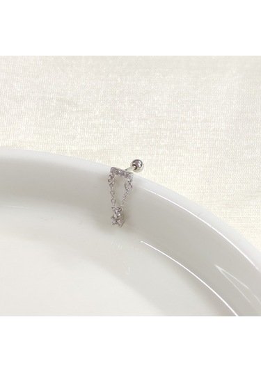 Sallantılı Zincirli Tek Taş Gümüş Tragus Pıercıng - Rodyum Beyaz Beyaz