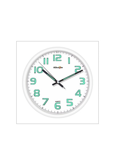 Beyaz Kasa 28 Cm Fosforlu Sessiz Saniye Bombe Camlı Duvar Saati Beyaz