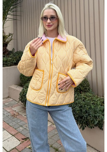 Sarı Pötikareli Cepli Kadın Mont Mg2488 Sarı