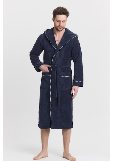 Mulberry Triga Erkek Bornoz %100 Pamuk Kapüşonlu Lacivert