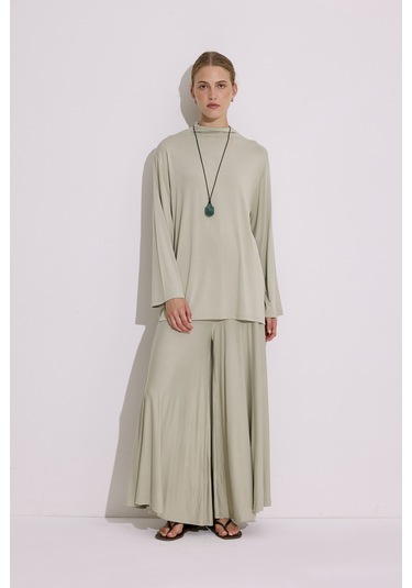 Dökümlü Uzun Kol Bluz Pastel Yeşil Pastel Yeşil