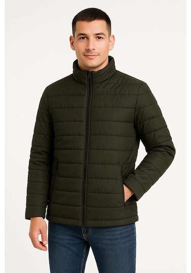 Erkek Bomber Mont Ceket Su İtici Kumaş, Kapitone Astarlı, Fermuarlı, Kışlık - Haki Haki