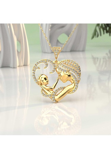 İndigo Takı Kalpli Anne Bebek Altın Kaplama Gümüş Kolye