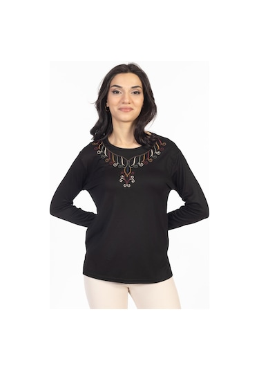 Yeni Model 2024 Nakış İşlemeli Yuvarlak Yaka Likralı Anne Penye Bluz 6450-siyah