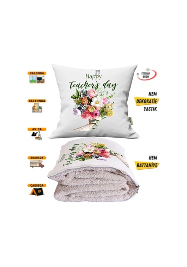 Öğretmenler Günü Hediyesi Güller Tv Battaniyeli Opsiyonel Dekoratif Yastık Kırlent 2in1 Battaniye Çok Renkli