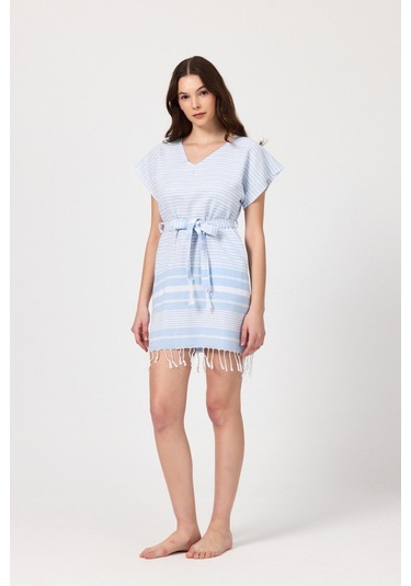 Mulberry Katya Plaj Elbisesi Tunik Pareo %100 Pamuk Mavi