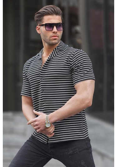 Madmext Siyah Çizgili Kısa Kollu Erkek Gömlek 6703 Siyah