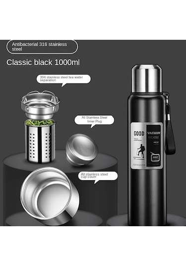 Paslanmaz Çelik Vakum Yalıtımlı, Taşınabilir Büyük Kapasiteli Termos 1 L Siyah