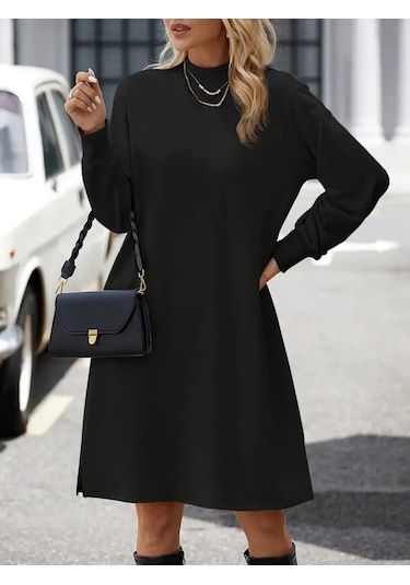 Stilaura Kadın Uzun Kollu Balıkçı Yaka Kısa Şardonlu Dalgıç Elbise Siyah