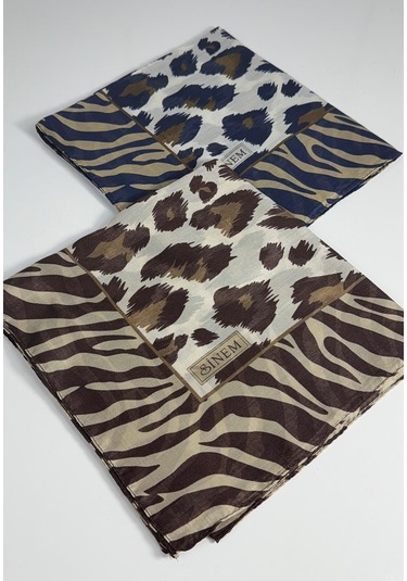 Sinem İndia Leopar Desen 2'li Sorti Eşarp -6294 Kahve-lacivert